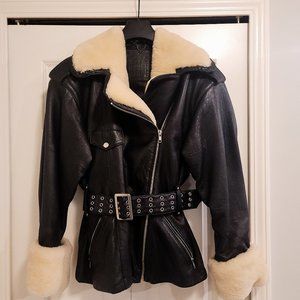 Black Leather and Sherpa Women Jacket (moto style)